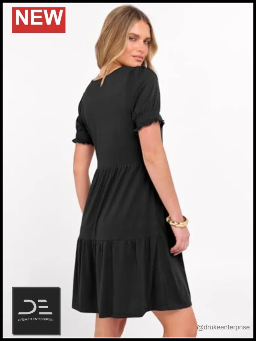 Square Neck Puff Sleeve Mini Dress with Pockets Tiered A-Line Summer Casual